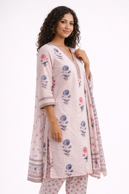 Blush Floral Jaipur Cotton Kurtha Set