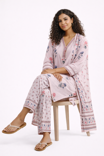 Blush Floral Jaipur Cotton Kurtha Set