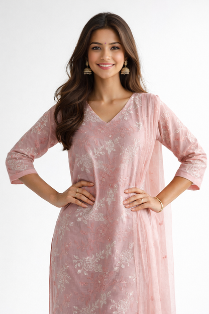 Light Pink Jaal Work Chanderi Cotton Kurtha Set