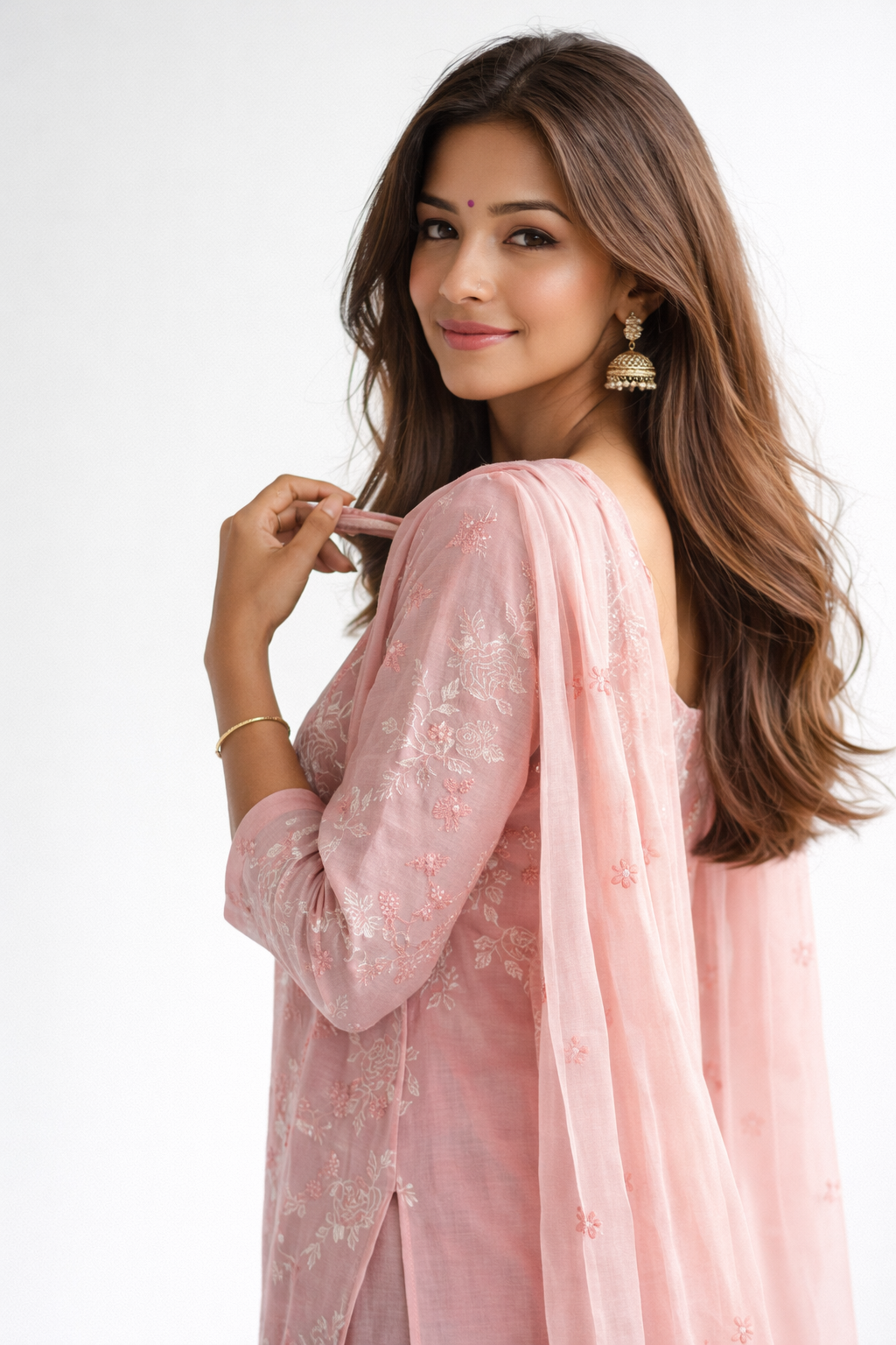 Light Pink Jaal Work Chanderi Cotton Kurtha Set