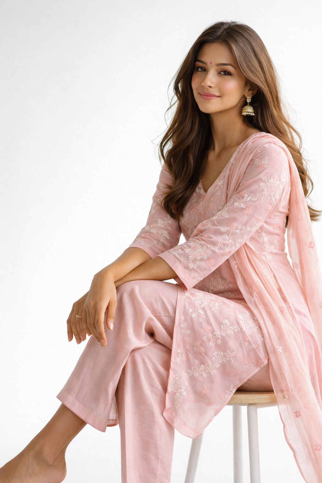 Light Pink Jaal Work Chanderi Cotton Kurtha Set