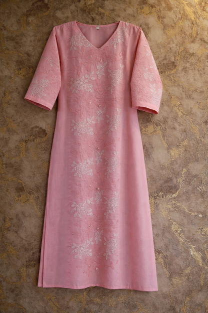 Light Pink Jaal Work Chanderi Cotton Kurtha Set