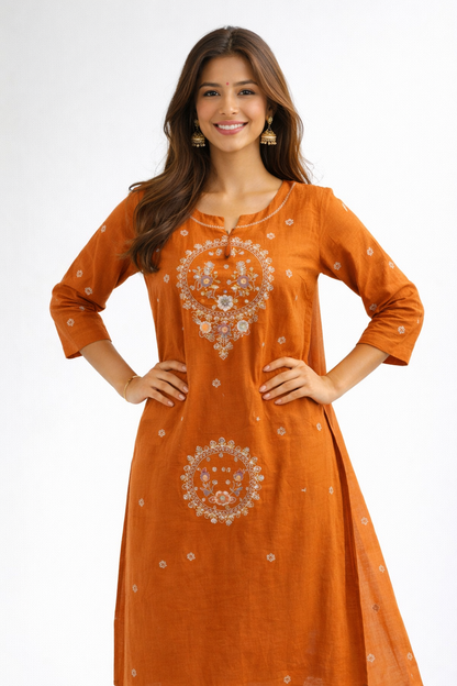 Orange Embroidered Jaipur Cotton Kurtha Set