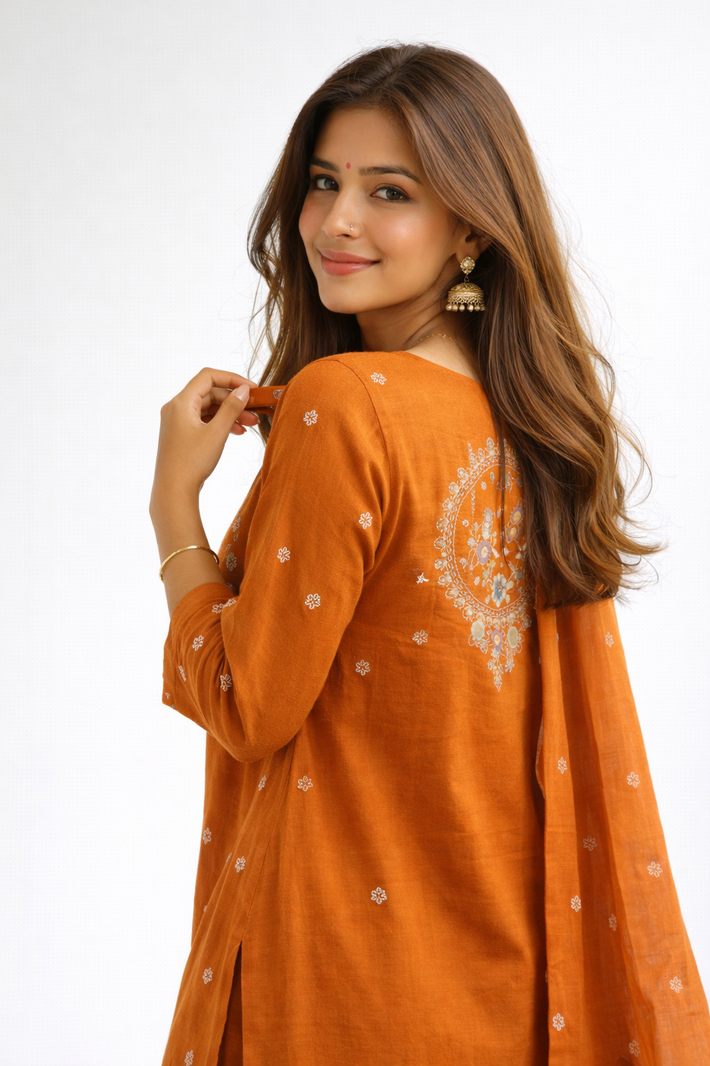 Orange Embroidered Jaipur Cotton Kurtha Set