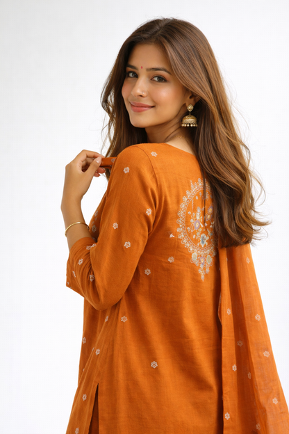 Orange Embroidered Jaipur Cotton Kurtha Set