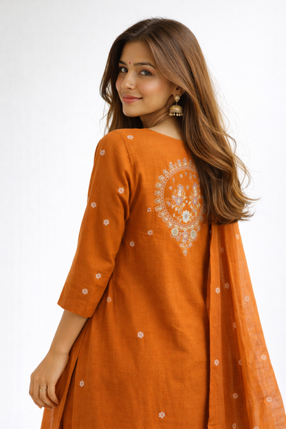 Orange Embroidered Jaipur Cotton Kurtha Set