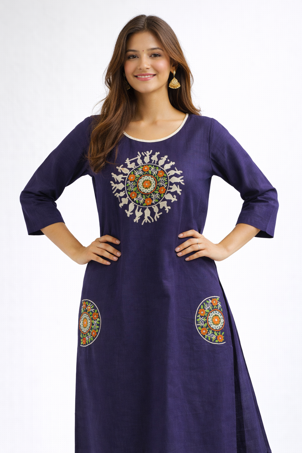 Deep Purple Warli Embroidered Pure Cotton Kurtha Set
