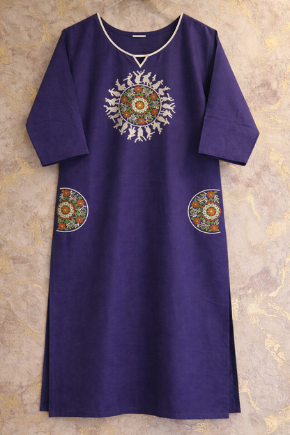 Deep Purple Warli Embroidered Pure Cotton Kurtha Set