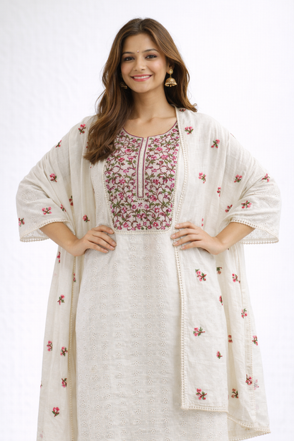 Ivory Hakoba Floral Embroidered Cotton Kurtha Set