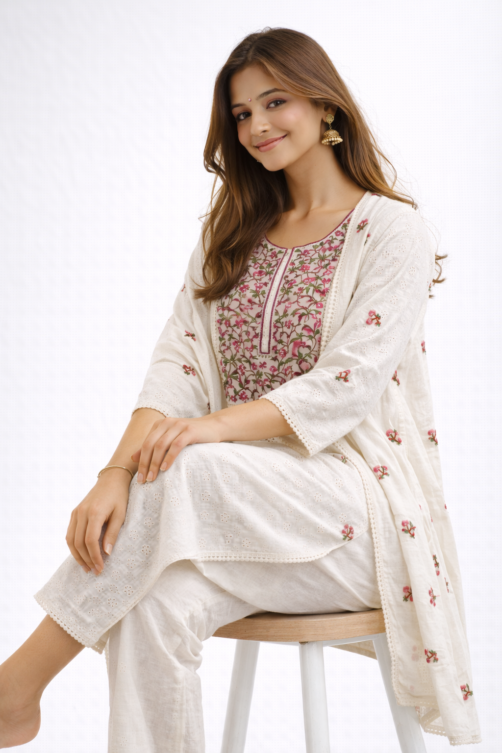 Ivory Hakoba Floral Embroidered Cotton Kurtha Set