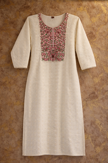 Ivory Hakoba Floral Embroidered Cotton Kurtha Set