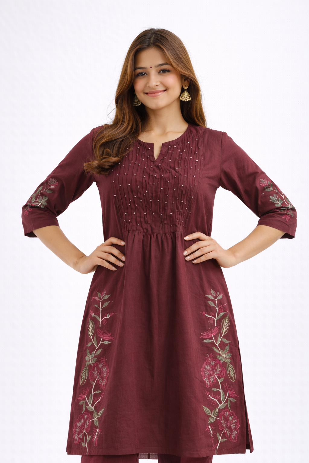 Maroon Floral Embroidered Cotton Kurtha Set
