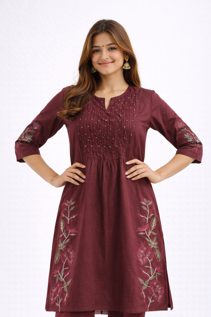 Maroon Floral Embroidered Cotton Kurtha Set