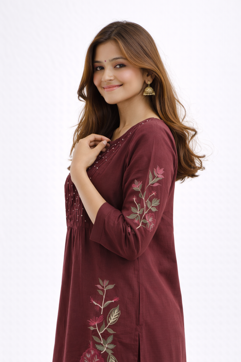 Maroon Floral Embroidered Cotton Kurtha Set