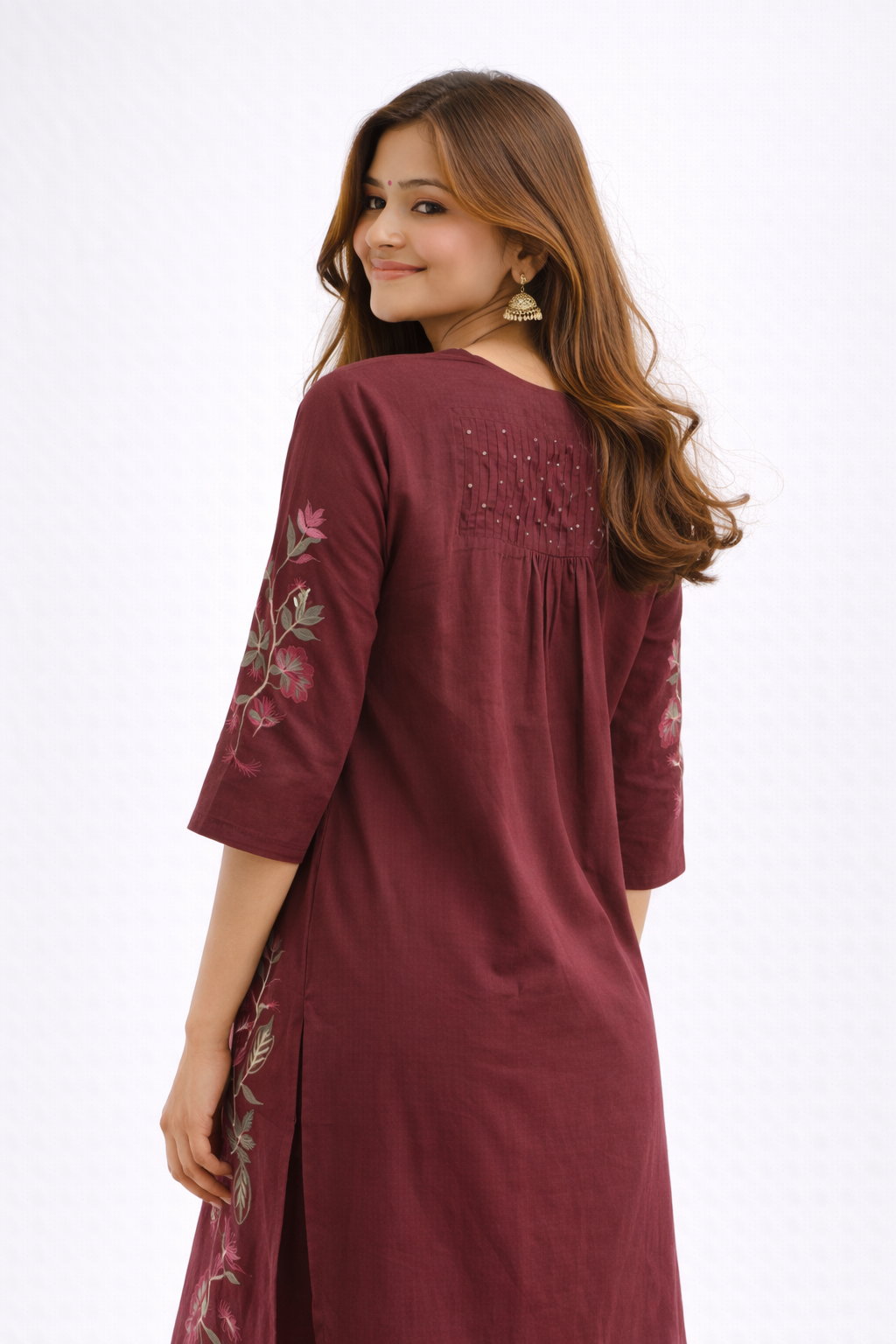Maroon Floral Embroidered Cotton Kurtha Set
