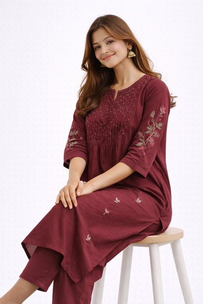 Maroon Floral Embroidered Cotton Kurtha Set
