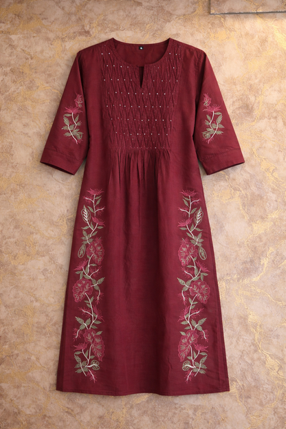 Maroon Floral Embroidered Cotton Kurtha Set