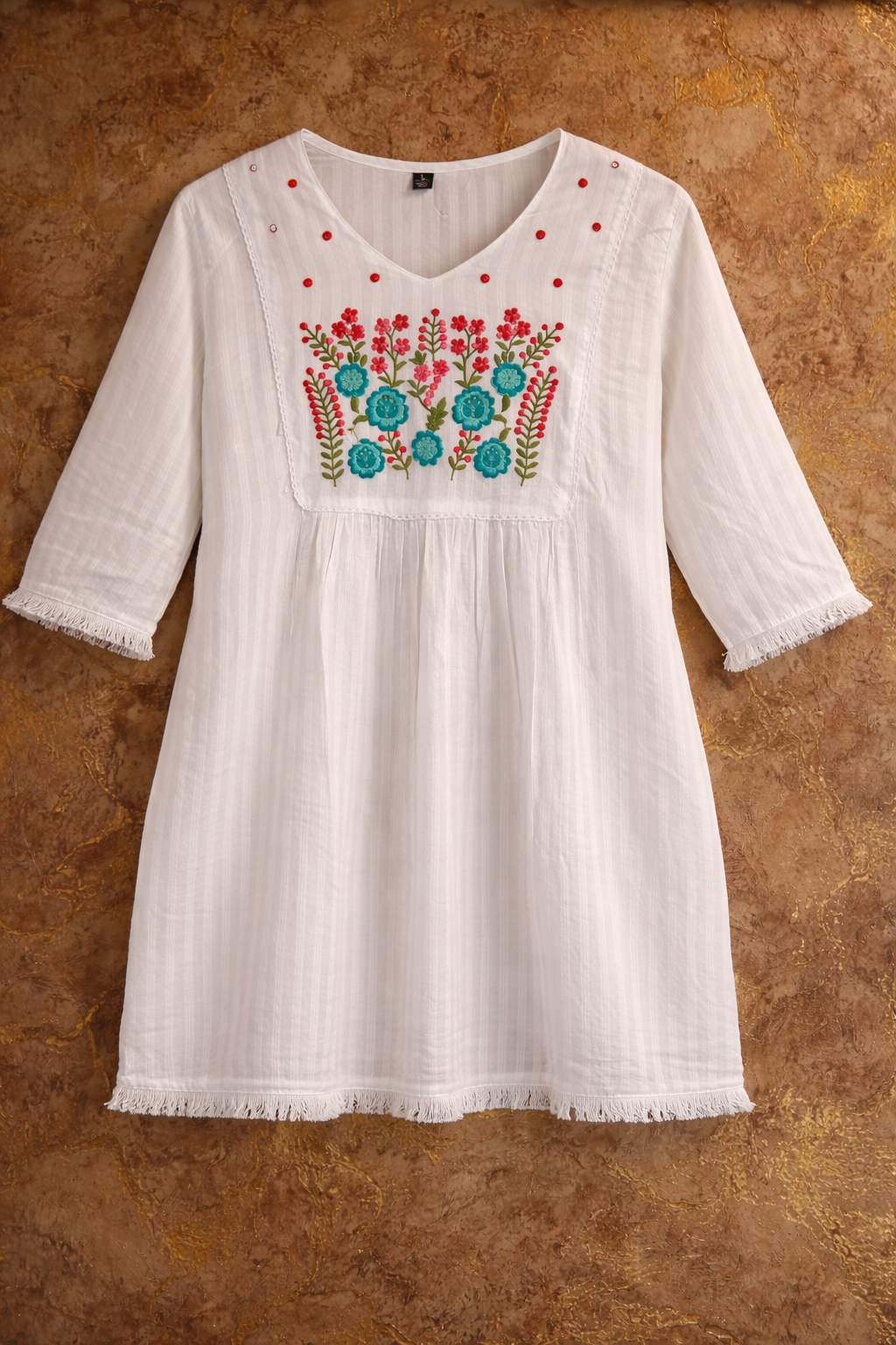 White Multicolored Floral Embroidered Cotton Tunic Top