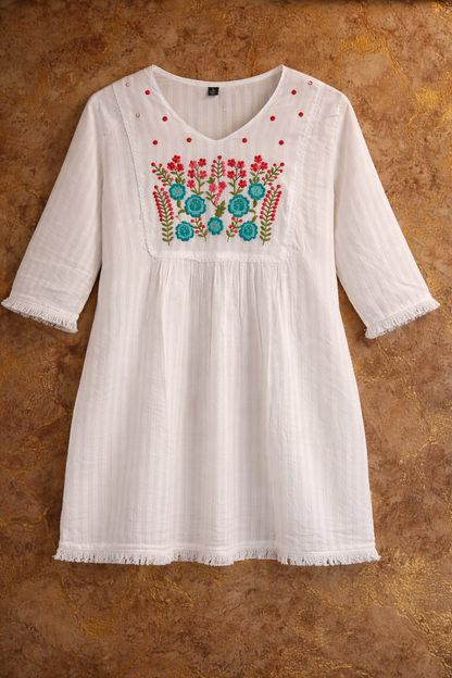 White Multicolored Floral Embroidered Cotton Tunic Top