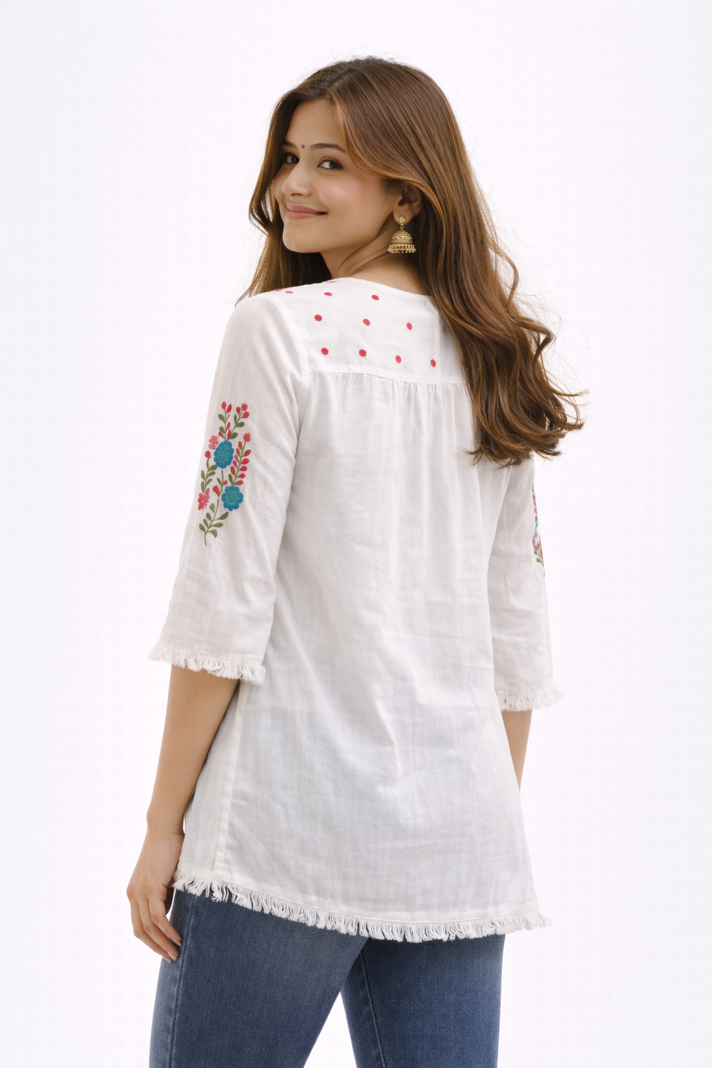 White Multicolored Floral Embroidered Cotton Tunic Top
