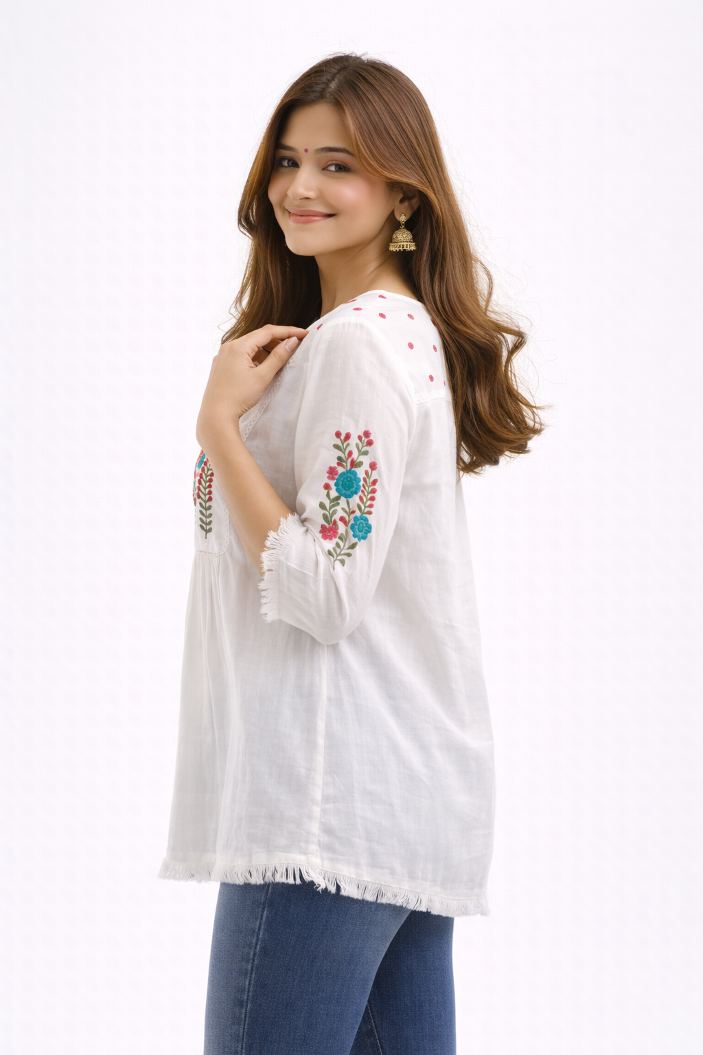 White Multicolored Floral Embroidered Cotton Tunic Top