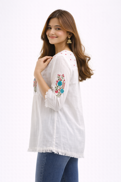White Multicolored Floral Embroidered Cotton Tunic Top