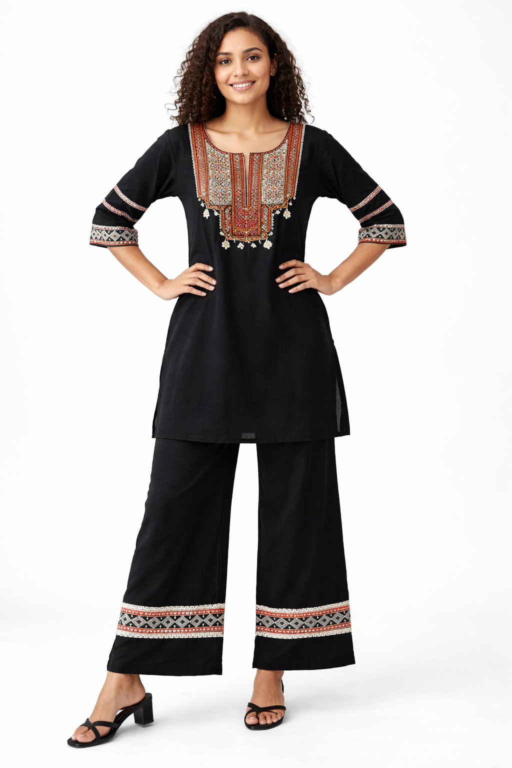 Black Embroidered Pure Cotton Kurta Palazzo Dupatta Set