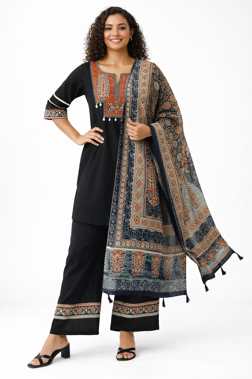 Black Embroidered Pure Cotton Kurta Palazzo Dupatta Set