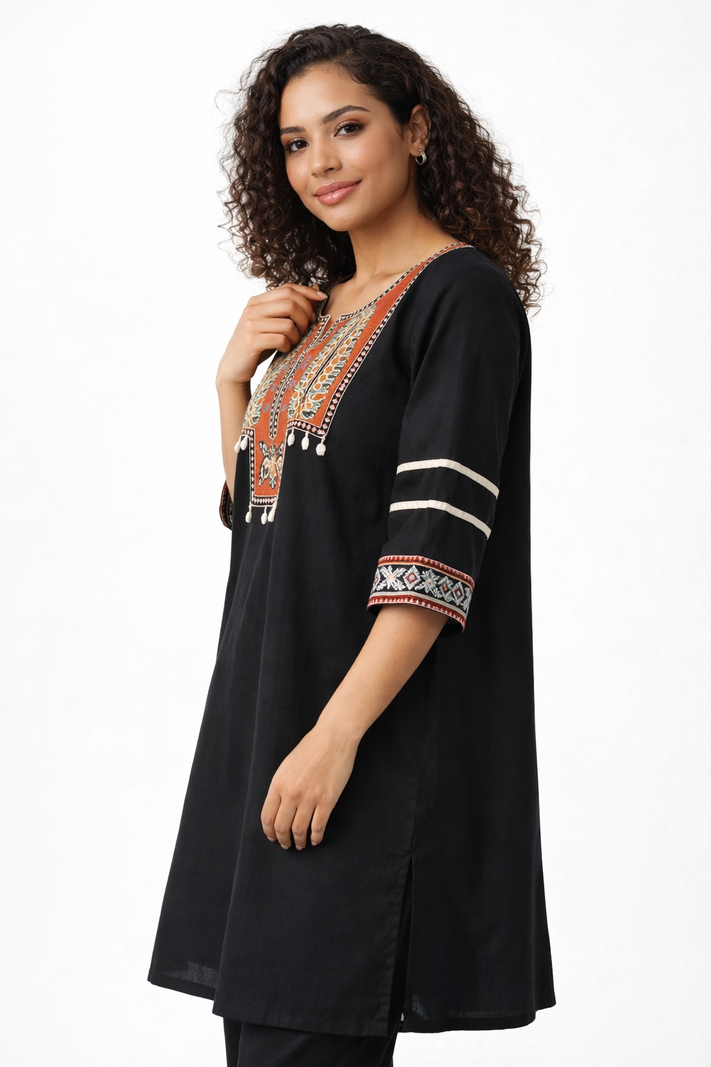 Black Embroidered Pure Cotton Kurta Palazzo Dupatta Set