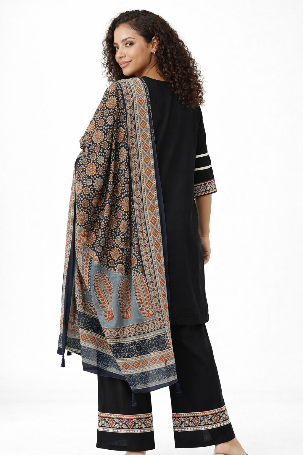 Black Embroidered Pure Cotton Kurta Palazzo Dupatta Set