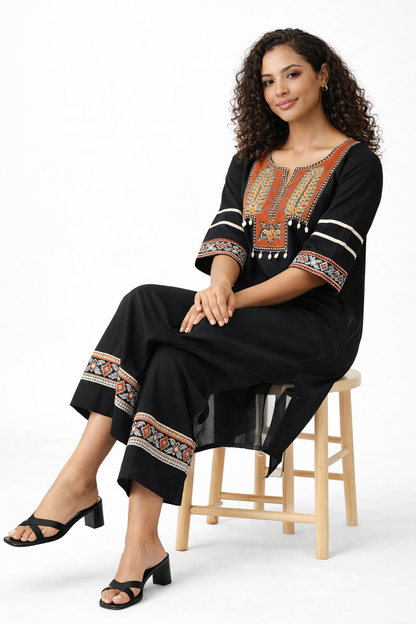 Black Embroidered Pure Cotton Kurta Palazzo Dupatta Set