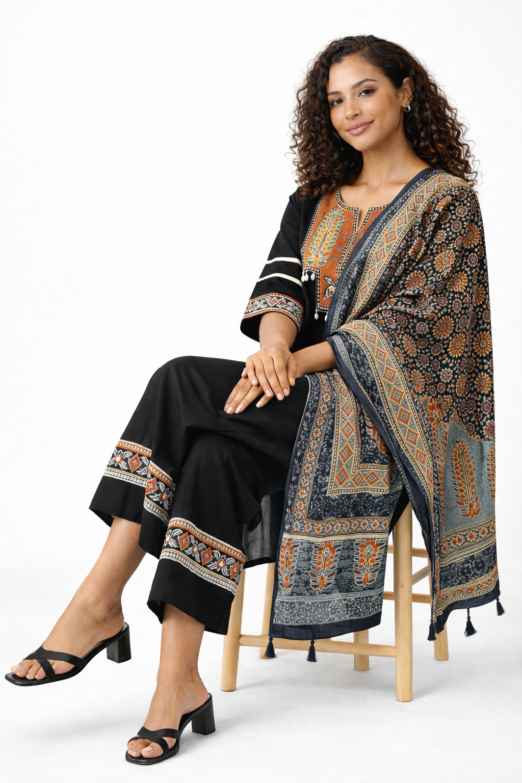 Black Embroidered Pure Cotton Kurta Palazzo Dupatta Set