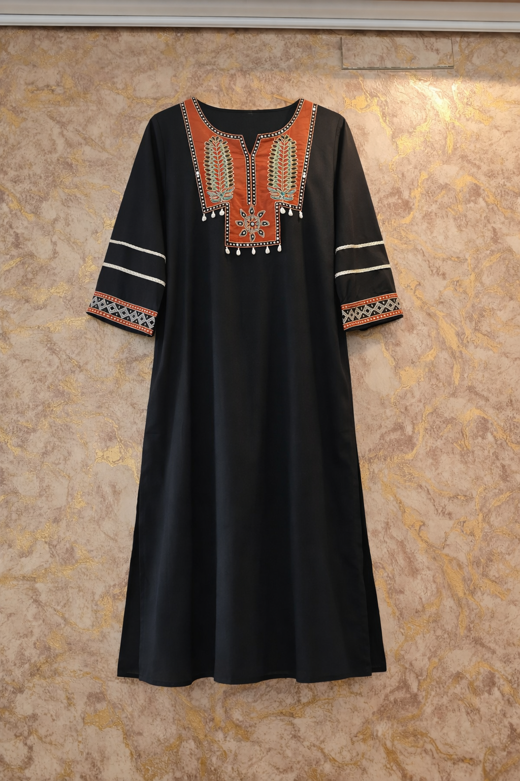 Black Embroidered Pure Cotton Kurta Palazzo Dupatta Set