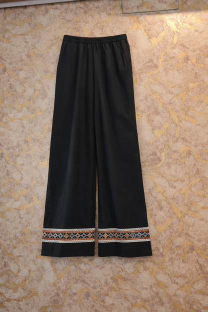 Black Embroidered Pure Cotton Kurta Palazzo Dupatta Set