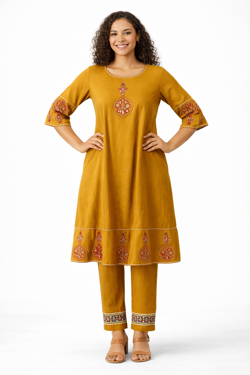 Mustard Yellow Embroidered Pure Cotton Kurta Pant Dupatta Set