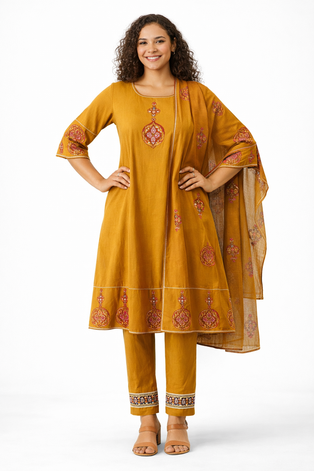 Mustard Yellow Embroidered Pure Cotton Kurta Pant Dupatta Set