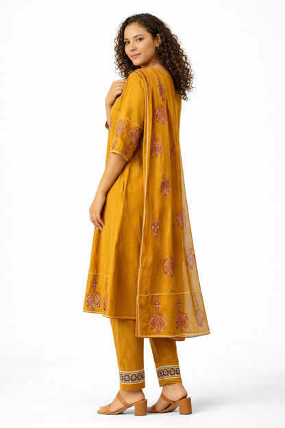 Mustard Yellow Embroidered Pure Cotton Kurta Pant Dupatta Set