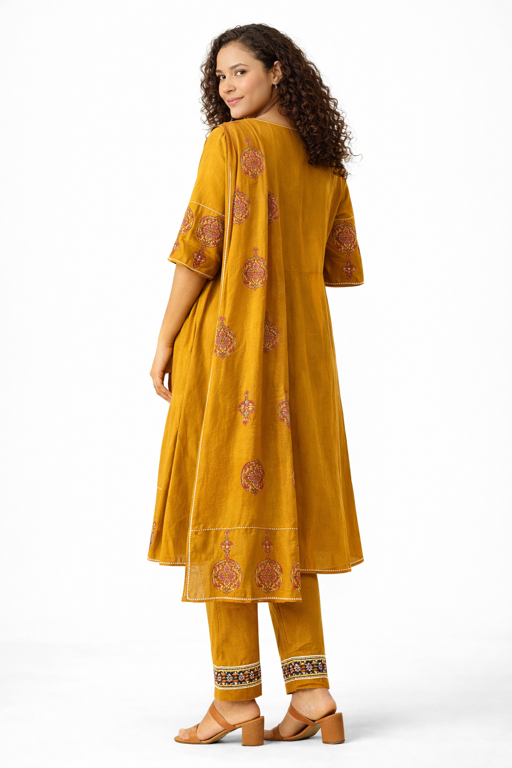 Mustard Yellow Embroidered Pure Cotton Kurta Pant Dupatta Set