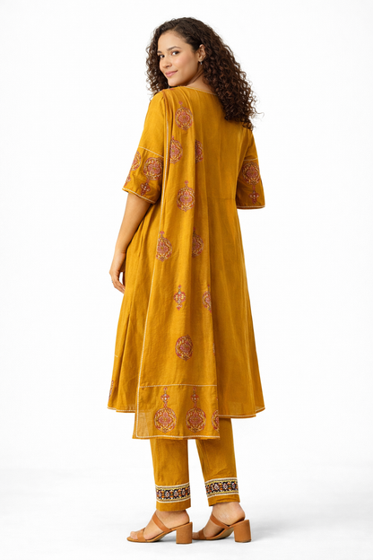 Mustard Yellow Embroidered Pure Cotton Kurta Pant Dupatta Set
