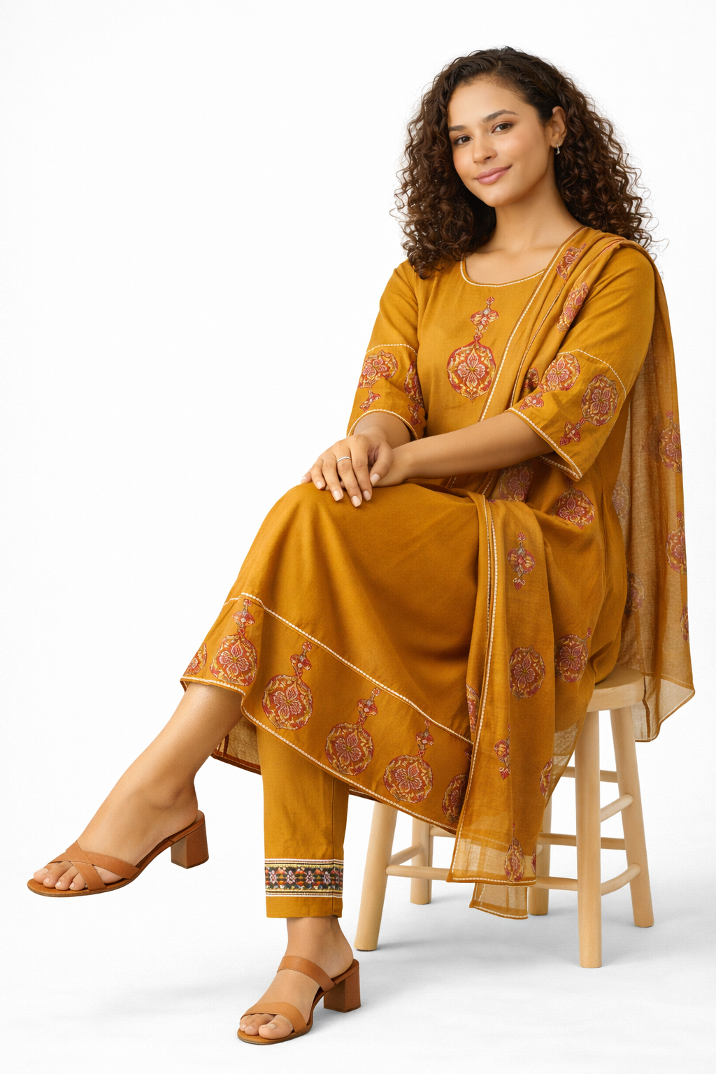 Mustard Yellow Embroidered Pure Cotton Kurta Pant Dupatta Set