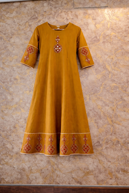 Mustard Yellow Embroidered Pure Cotton Kurta Pant Dupatta Set