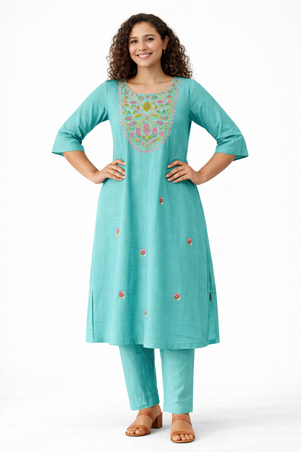 Aqua Blue Embroidered Pure Cotton Kurta Pant Dupatta Set