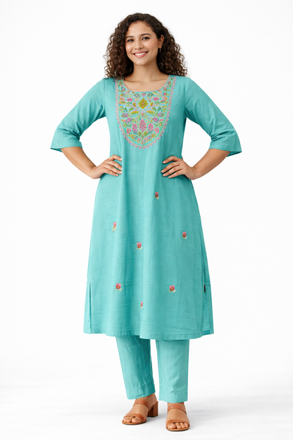 Aqua Blue Embroidered Pure Cotton Kurta Pant Dupatta Set