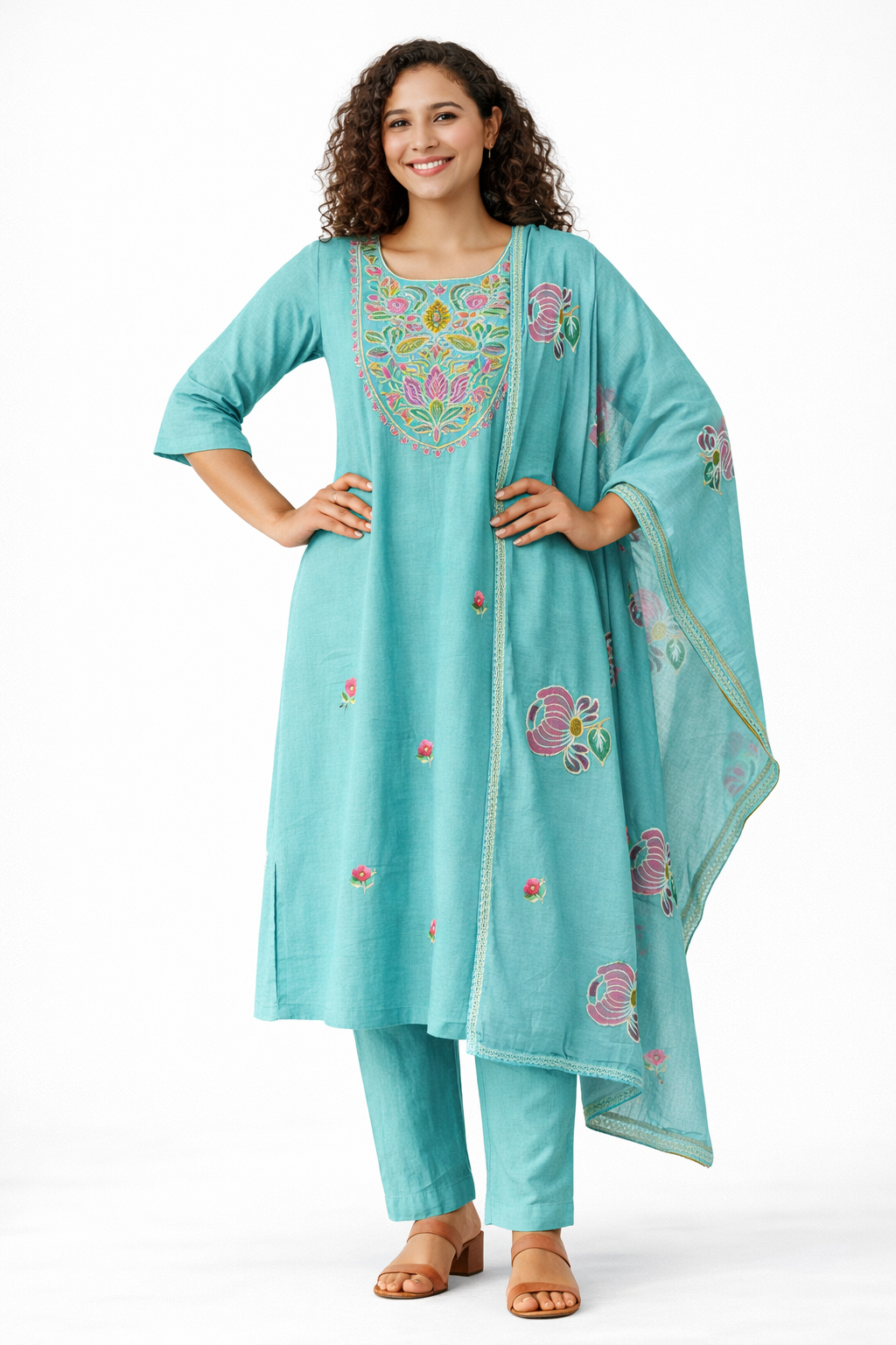 Aqua Blue Embroidered Pure Cotton Kurta Pant Dupatta Set