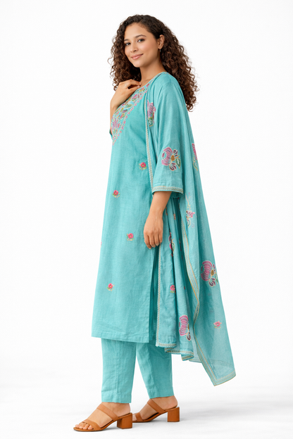 Aqua Blue Embroidered Pure Cotton Kurta Pant Dupatta Set
