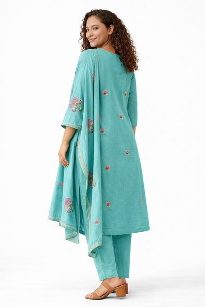 Aqua Blue Embroidered Pure Cotton Kurta Pant Dupatta Set