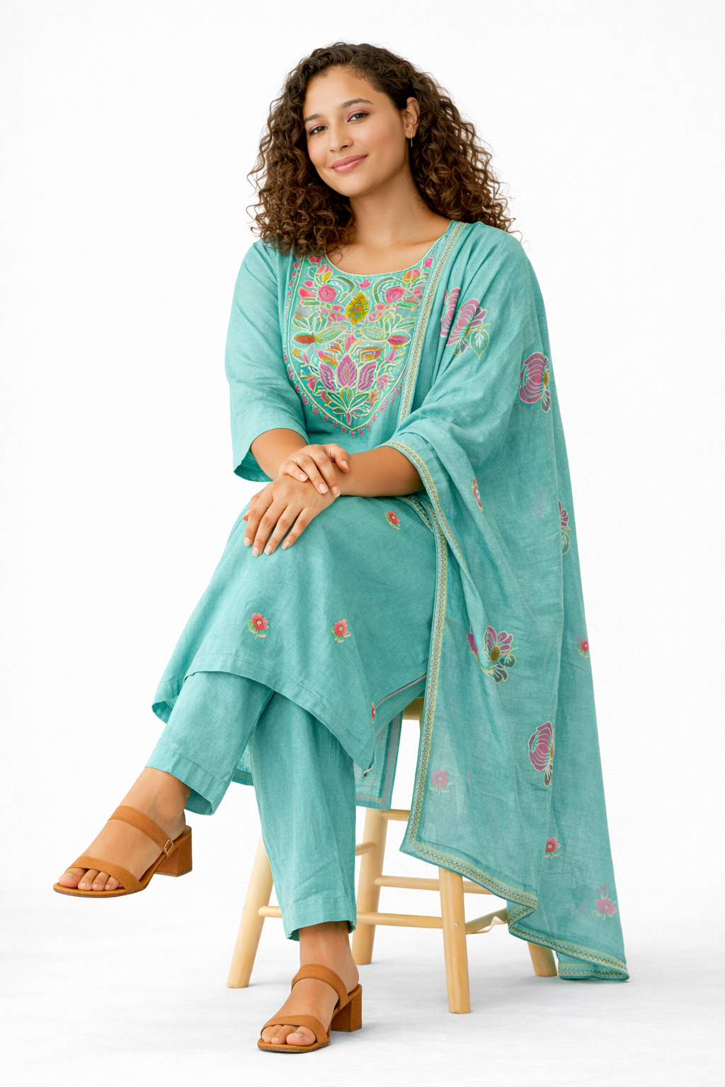 Aqua Blue Embroidered Pure Cotton Kurta Pant Dupatta Set