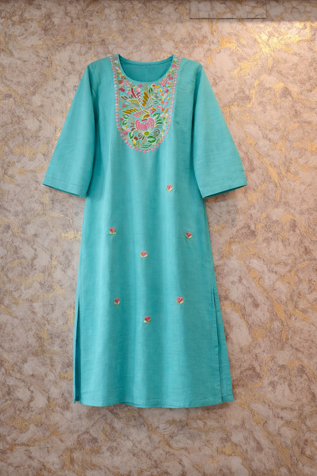 Aqua Blue Embroidered Pure Cotton Kurta Pant Dupatta Set