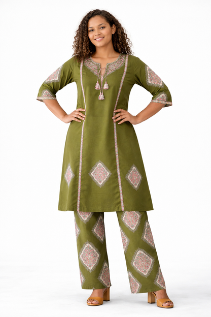 Olive Green Embroidered Pure Cotton Kurta Pant Dupatta Set