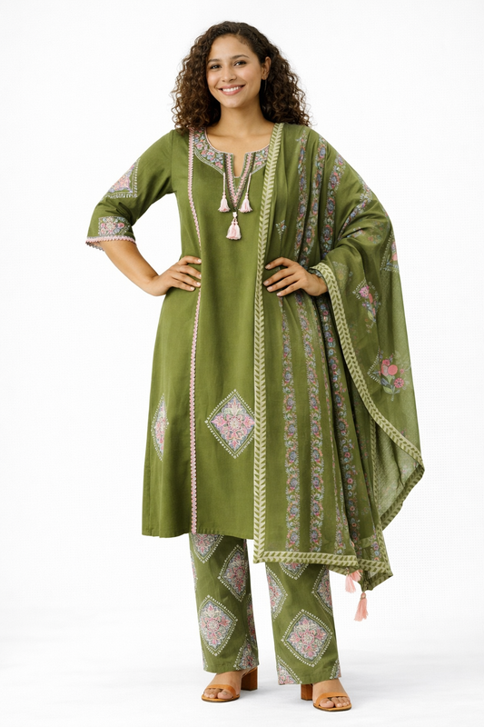 Olive Green Embroidered Pure Cotton Kurta Pant Dupatta Set